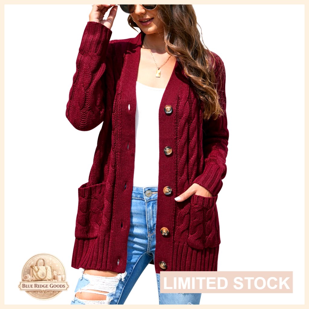 Open Front Cable Knit Cardigan Sweater With Pockets 100% Acrylic